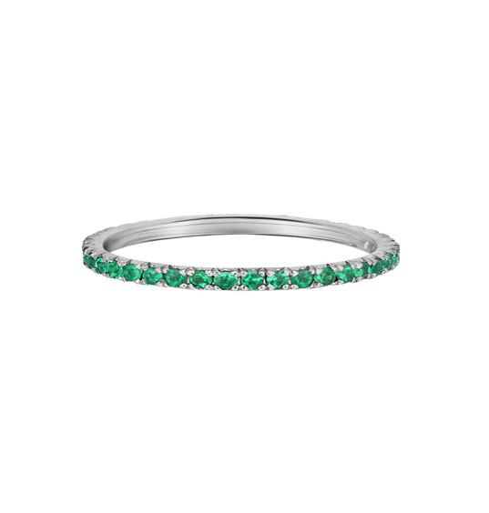 thin wedding band with green emerald stone diamonds