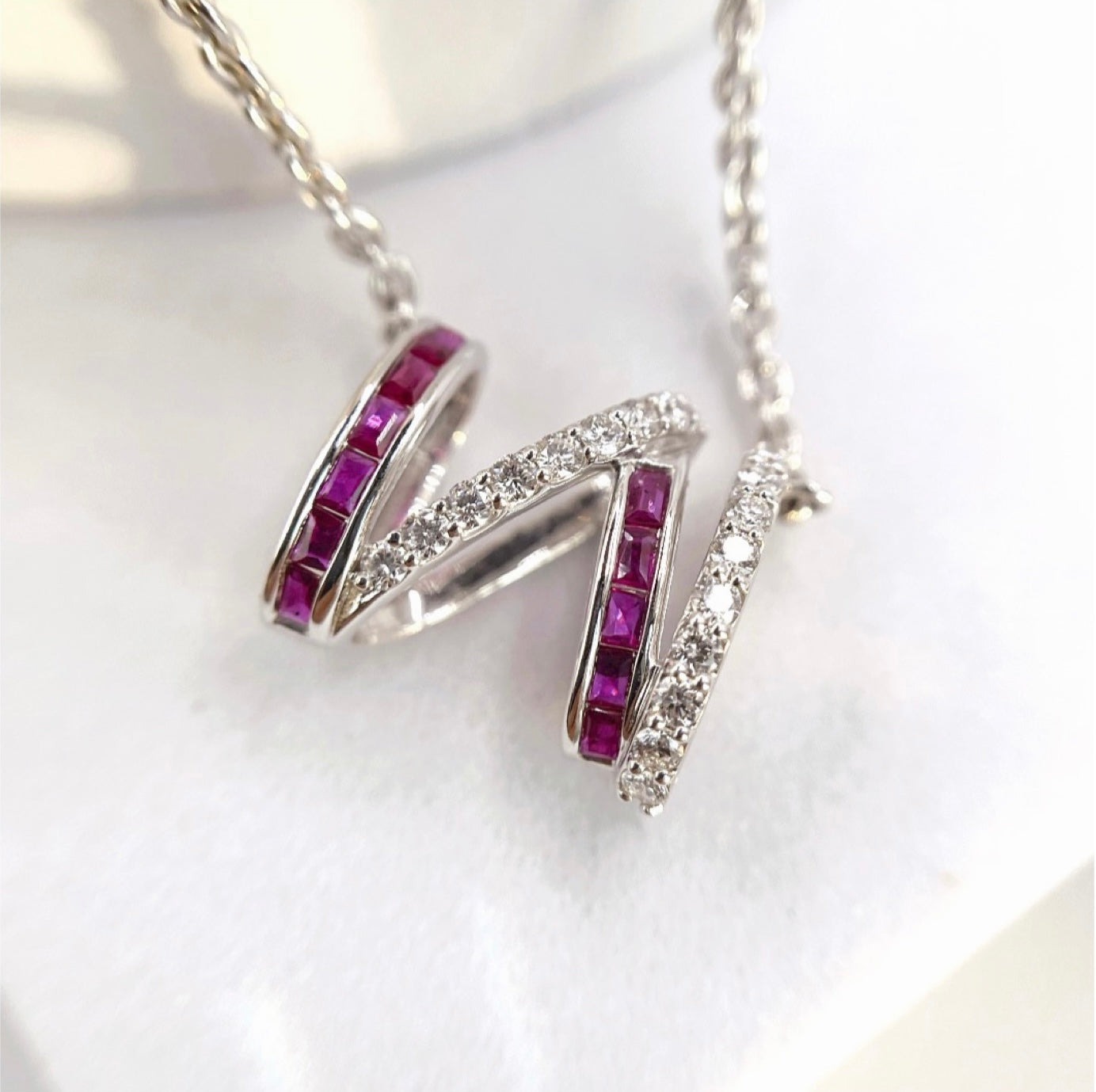 ruby baguettes and diamonds pendant necklace in white gold mauni london