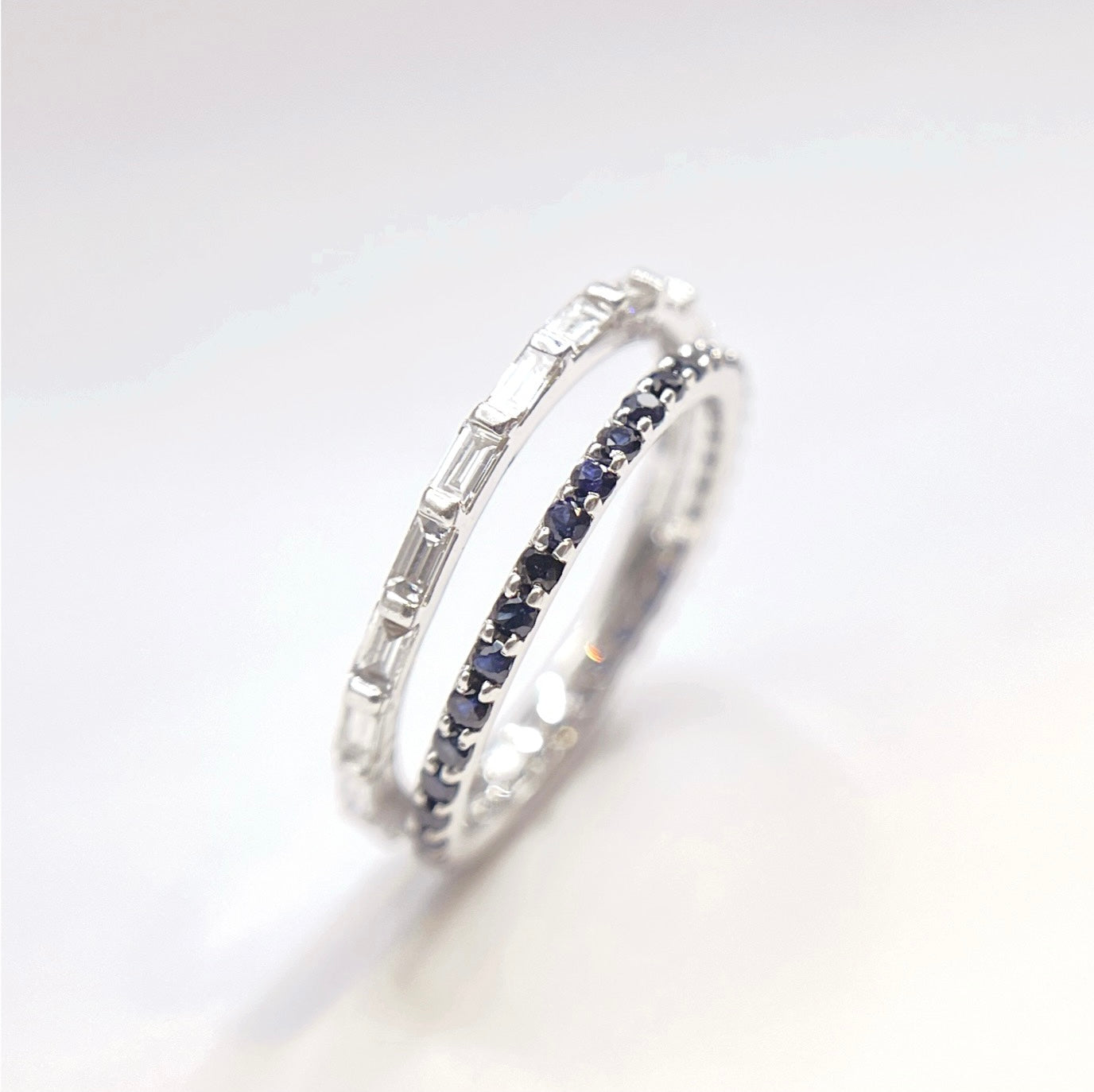 revoir diamond baguette and sapphire stackable criss cross two layer double ring mauni london